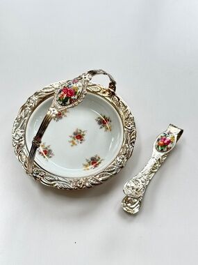 Vintage Porcelain Ceramic and Stainless Steel Sugar Plate and Clip